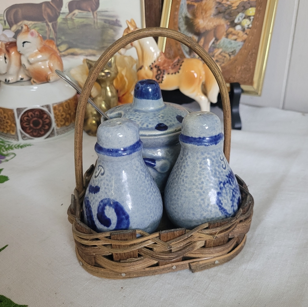 Vintage Salt Pepper and Sugar Set Salt Glazed Blue With Wicker Basket